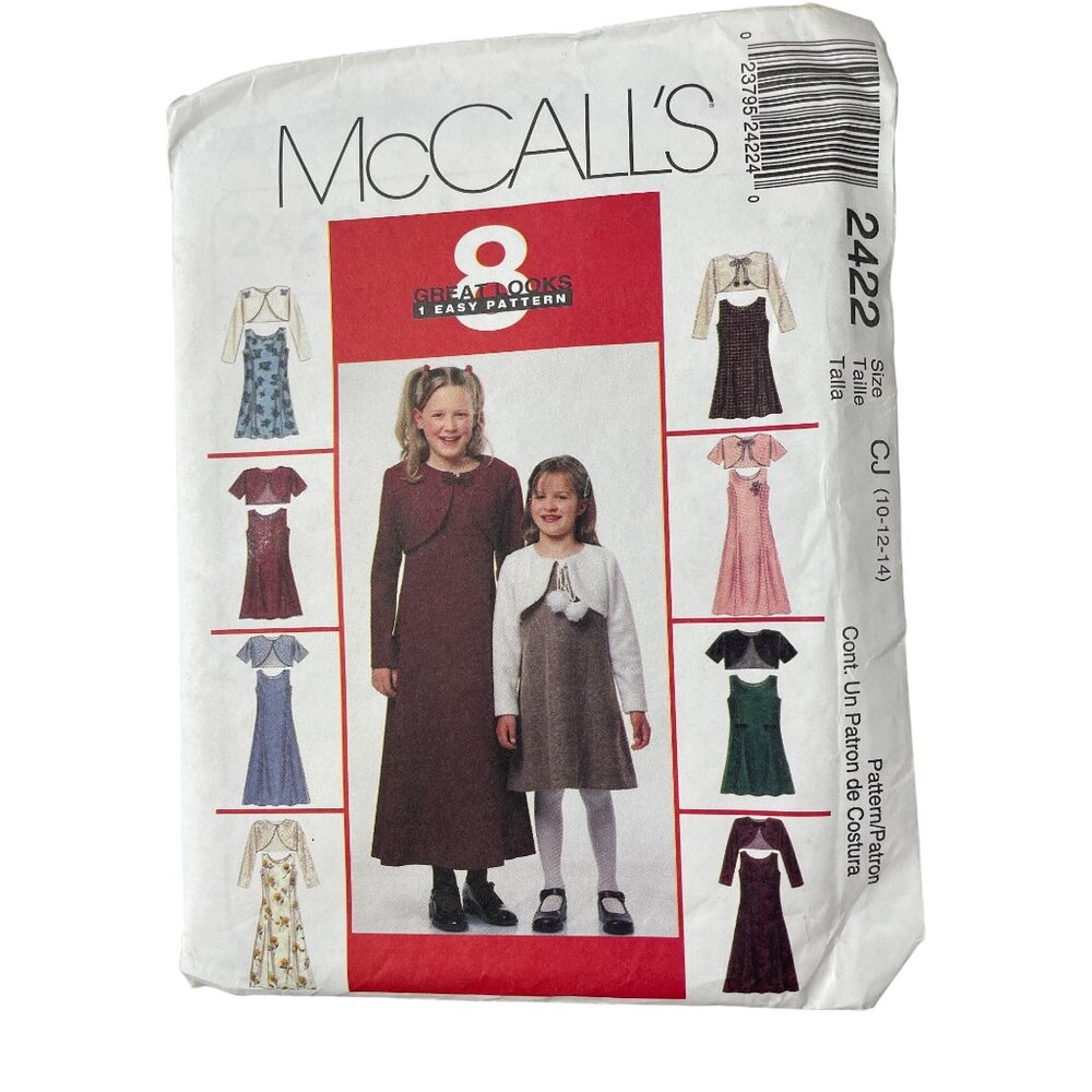 Vintage 90s McCalls 2422 Sewing Pattern Sizes 10-12-14 Girls Dress Bolero CUT